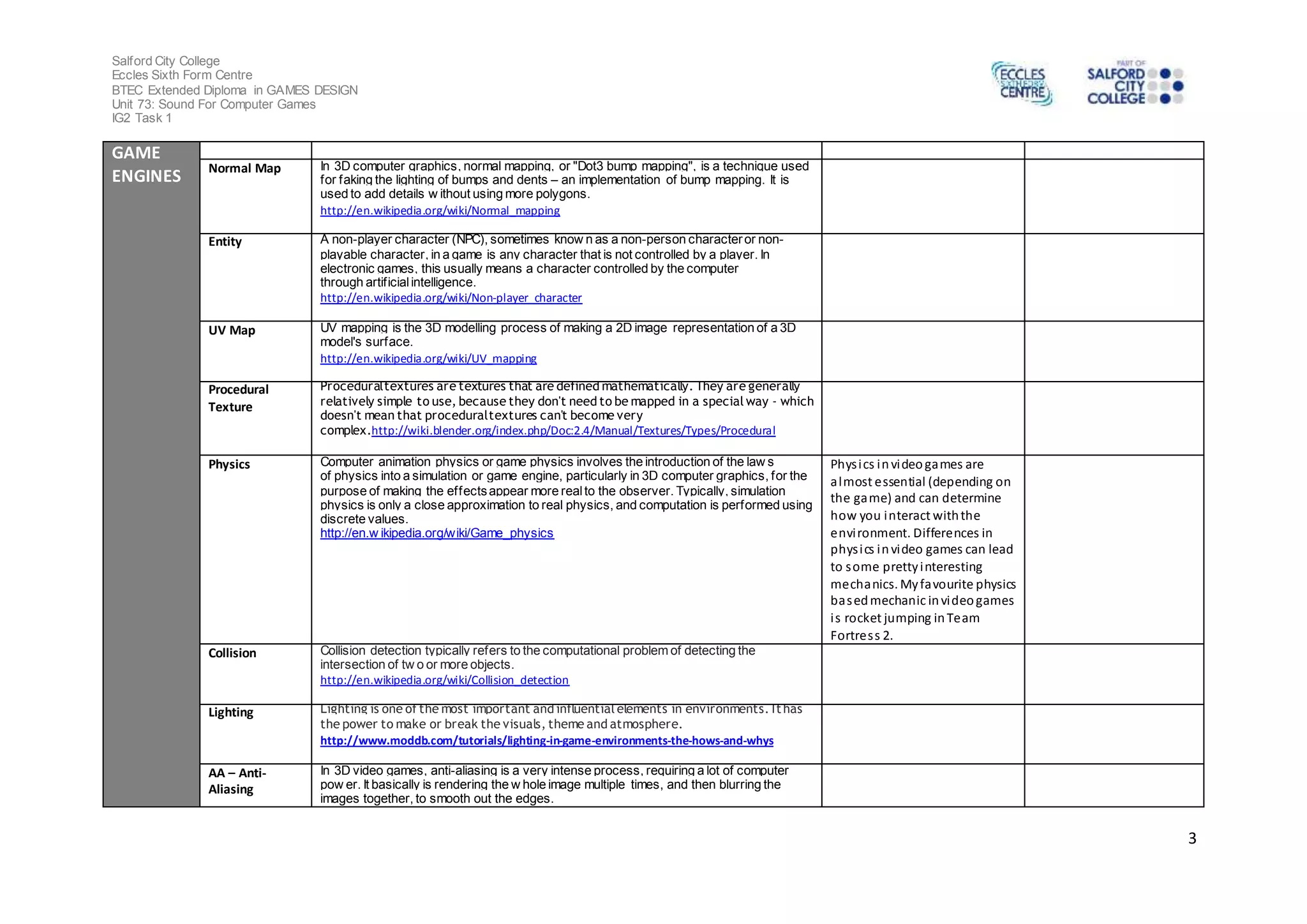 Salford City College 
Eccles Sixth Form Centre 
BTEC Extended Diploma in GAMES DESIGN 
Unit 73: Sound For Computer Games 
IG2 Task 1 
3 
GAME 
ENGINES 
Normal Map In 3D computer graphics, normal mapping, or "Dot3 bump mapping", is a technique used 
for faking the lighting of bumps and dents – an implementation of bump mapping. It is 
used to add details w ithout using more polygons. 
http://en.wikipedia.org/wiki/Normal_mapping 
Entity A non-player character (NPC), sometimes know n as a non-person character or non-playable 
character, in a game is any character that is not controlled by a player. In 
electronic games, this usually means a character controlled by the computer 
through artif icial intelligence. 
http://en.wikipedia.org/wiki/Non-player_character 
UV Map UV mapping is the 3D modelling process of making a 2D image representation of a 3D 
model's surface. 
http://en.wikipedia.org/wiki/UV_mapping 
Procedural 
Texture 
Procedural textures are textures that are defined mathematically. They are generally 
relatively simple to use, because they don't need to be mapped in a special way - which 
doesn't mean that procedural textures can't become very 
complex.http://wiki.blender.org/index.php/Doc:2.4/Manual/Textures/Types/Procedural 
Physics Computer animation physics or game physics involves the introduction of the law s 
of physics into a simulation or game engine, particularly in 3D computer graphics, for the 
purpose of making the ef fects appear more real to the observer. Typically, simulation 
physics is only a close approximation to real physics, and computation is performed using 
discrete values. 
http://en.w ikipedia.org/wiki/Game_physics 
Phys ics in video games are 
almost essential (depending on 
the game) and can determine 
how you interact with the 
envi ronment. Differences in 
phys ics in video games can lead 
to some pretty interesting 
mechanics. My favourite physics 
based mechanic in video games 
i s rocket jumping in Team 
Fortres s 2. 
Collision Collision detection typically refers to the computational problem of detecting the 
intersection of tw o or more objects. 
http://en.wikipedia.org/wiki/Collision_detection 
Lighting Lighting is one of the most important and influential elements in environments. It has 
the power to make or break the visuals, theme and atmosphere. 
http://www.moddb.com/tutorials/lighting-in-game-environments-the-hows-and-whys 
AA – Anti- 
Aliasing 
In 3D video games, anti-aliasing is a very intense process, requiring a lot of computer 
pow er. It basically is rendering the w hole image multiple times, and then blurring the 
images together, to smooth out the edges. 
 