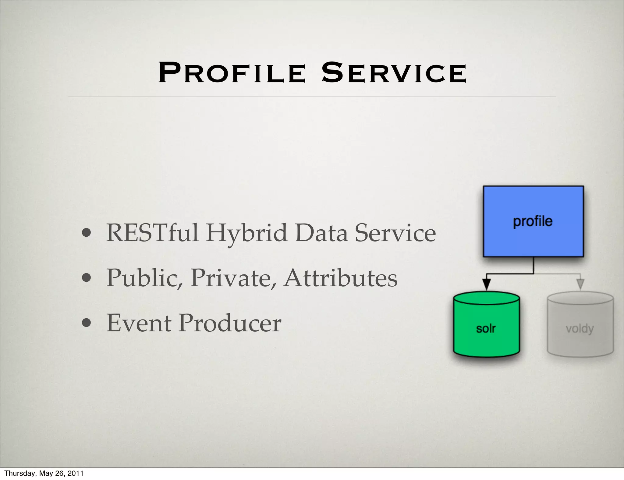 Proﬁle Service



                    • RESTful Hybrid Data Service
                    • Public, Private, Attributes
                    • Event Producer




Thursday, May 26, 2011
 
