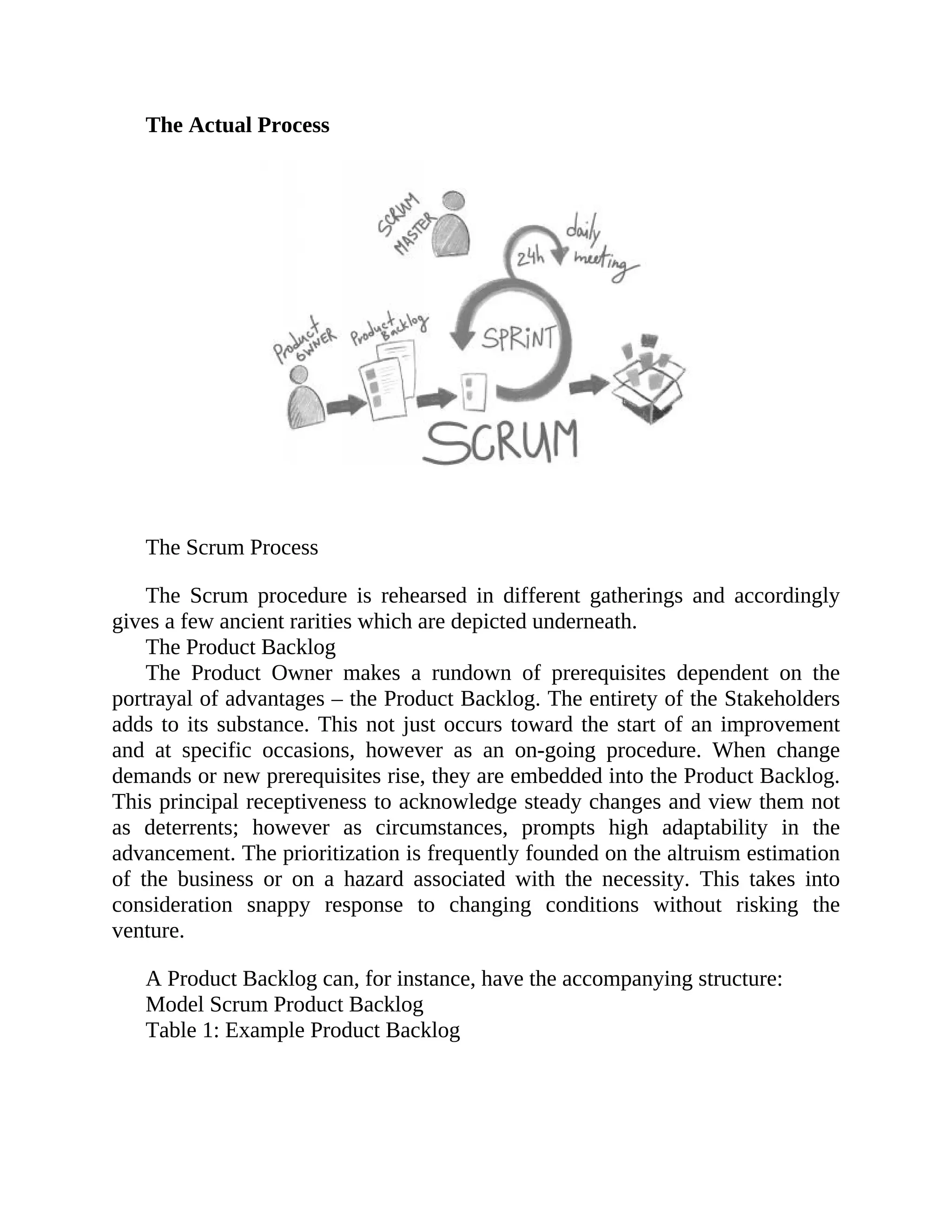 The Actual Process
The Scrum Process
The Scrum procedure is rehearsed in different gatherings and accordingly
gives a few ancient rarities which are depicted underneath.
The Product Backlog
The Product Owner makes a rundown of prerequisites dependent on the
portrayal of advantages – the Product Backlog. The entirety of the Stakeholders
adds to its substance. This not just occurs toward the start of an improvement
and at specific occasions, however as an on-going procedure. When change
demands or new prerequisites rise, they are embedded into the Product Backlog.
This principal receptiveness to acknowledge steady changes and view them not
as deterrents; however as circumstances, prompts high adaptability in the
advancement. The prioritization is frequently founded on the altruism estimation
of the business or on a hazard associated with the necessity. This takes into
consideration snappy response to changing conditions without risking the
venture.
A Product Backlog can, for instance, have the accompanying structure:
Model Scrum Product Backlog
Table 1: Example Product Backlog
 