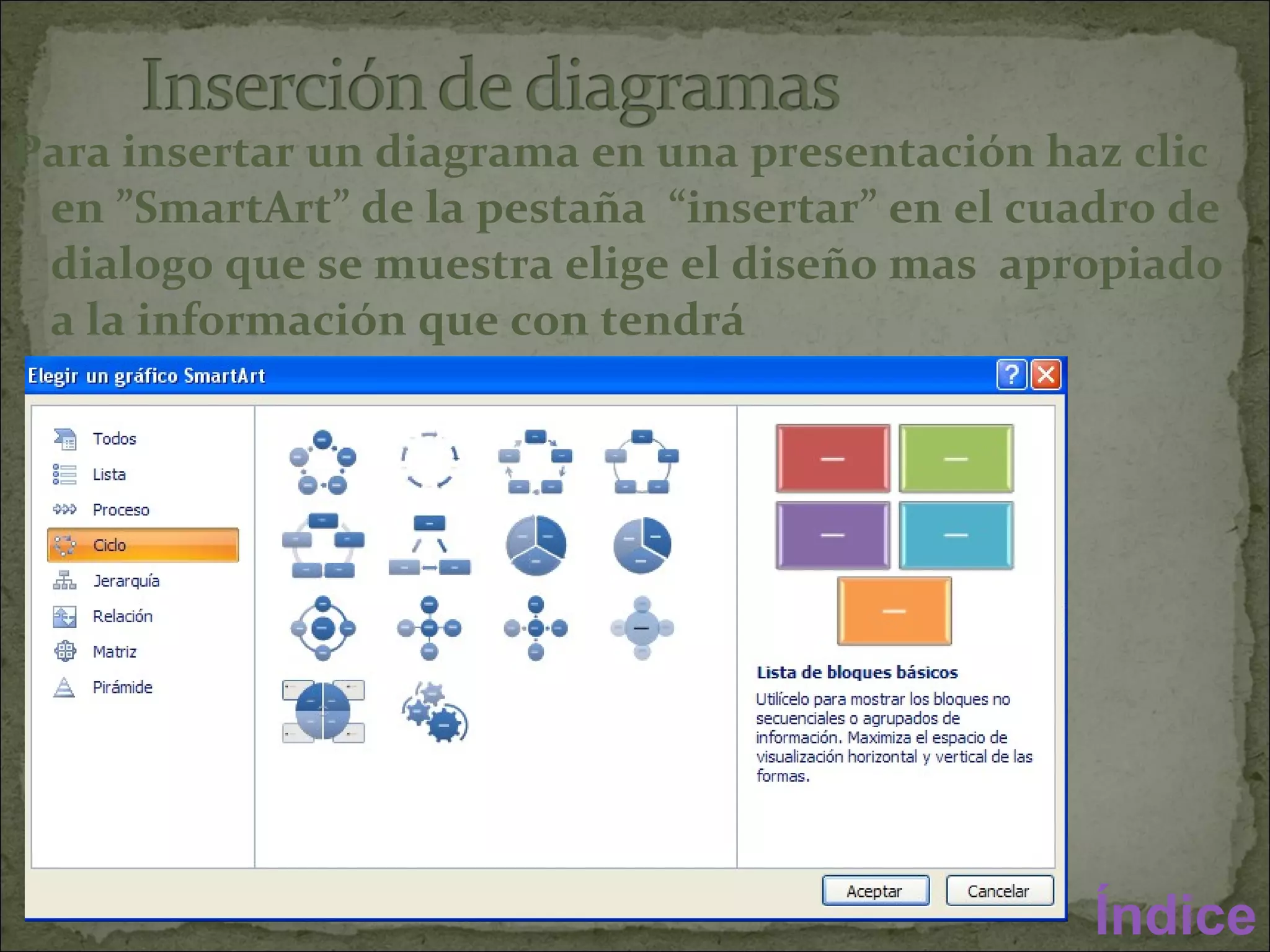 Para insertar un diagrama en una presentación haz clic en ”SmartArt” de la pestaña  “insertar” en el cuadro de dialogo que se muestra elige el diseño mas  apropiado a la información que con tendrá Índice 