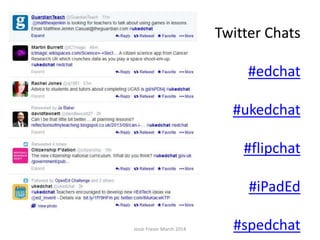 Josie Fraser March 2014
Twitter Chats
#edchat
#ukedchat
#flipchat
#iPadEd
#spedchat
 