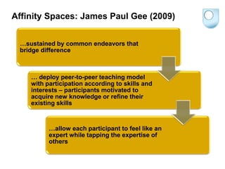 Affinity Spaces: James Paul Gee (2009)


 …sustained by common endeavors that
 bridge difference



    … deploy peer-to-peer teaching model
    with participation according to skills and
    interests – participants motivated to
    acquire new knowledge or refine their
    existing skills



          …allow each participant to feel like an
          expert while tapping the expertise of
          others
 