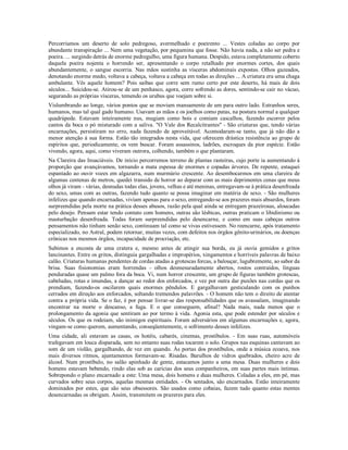 Percorríamos um deserto de solo pedregoso, avermelhado e poeirento ... Vestes coladas ao corpo por
abundante transpiração ... Nem uma vegetação, por pequenina que fosse. Não havia nada, a não ser pedra e
poeira. ... surgindo detrás de enorme pedregulho, uma figura humana. Despido, estava completamente coberto
daquela poeira nojenta o horrendo ser, apresentando o corpo retalhado por enormes cortes, dos quais
abundantemente, o sangue escorria. Nas mãos sustinha as vísceras abdominais expostas. Olhos gazeados,
denotando enorme medo, voltava a cabeça, voltava a cabeça em todas as direções ... A criatura era uma chaga
ambulante. Vês aquele homem? Pois saibas que corre sem rumo certo por este deserto, há mais de dois
séculos... Suicidou-se. Atirou-se de um penhasco, agora, corre sofrendo as dores, sentindo-se cair no vácuo,
segurando as próprias vísceras, temendo os urubus que voejam sobre si.
Vislumbrando ao longe, vários pontos que se moviam mansamente de um para outro lado. Estranhos seres,
humanos, mas tal qual gado humano. Usavam as mãos e os joelhos como patas, na postura normal a qualquer
quadrúpede. Estavam inteiramente nus, mugiam como bois e comiam cascalhos, fazendo escorrer pelos
cantos da boca o pó misturado com a saliva. "O Vale dos Recalcitrantes" - São criaturas que, tendo várias
encarnações, persistiram no erro, nada fazendo de aproveitável. Acomodaram-se tanto, que já não dão a
menor atenção à sua forma. Estão tão integrados nesta vida, que oferecem drástica resistência ao grupo de
espíritos que, periodicamente, os vem buscar. Foram assassinos, ladrões, escroques da pior espécie. Estão
vivendo, agora, aqui, como viveram outrora, colhendo, também o que plantaram.
Na Clareira das Insaciáveis. De início percorremos terreno de plantas rasteiras, cujo porte ia aumentando à
proporção que avançávamos, tornando a mata espessa de enormes e copadas árvores. De repente, estaquei
espantado ao ouvir vozes em algazarra, num murmúrio crescente. Ao desembocarmos em uma clareira de
algumas centenas de metros, quedei transido de horror ao deparar com as mais deprimentes cenas que meus
olhos já viram - várias, desnudas todas elas, jovens, velhas e até meninas, entregavam-se à prática desenfreada
do sexo, umas com as outras, fazendo tudo quanto se possa imaginar em matéria de sexo. - São mulheres
infelizes que quando encarnadas, viviam apenas para o sexo, entregando-se aos prazeres mais absurdos, foram
surpreendidas pela morte na prática desses abusos, razão pela qual ainda se entregam prazeirosas, aloucadas
pelo desejo. Pensam estar tendo contato com homens, outras são lésbicas, outras praticam o libidinismo ou
masturbação desenfreada. Todas foram surpreendidas pelo desencarne, e como em suas cabeças outros
pensamentos não tinham senão sexo, continuam tal como se vivas estivessem. No reencarne, após tratamento
especializado, no Astral, podem retornar, muitas vezes, com defeitos nos órgãos gênito-urinários, ou doenças
crônicas nos mesmos órgãos, incapacidade de procriação, etc.
Subimos a encosta de uma cratera e, mesmo antes de atingir sua borda, eu já ouvia gemidos e gritos
lancinantes. Entre os gritos, distinguia gargalhadas e impropérios, xingamentos e horríveis palavras de baixo
calão. Criaturas humanas pendentes de cordas atadas a grotescas forcas, a balouçar, lugubremente, ao sabor da
brisa. Suas fisionomias eram horrendas - olhos desmesuradamente abertos, rostos contraídos, línguas
penduradas quase um palmo fora da boca. Vi, num horror crescente, um grupo de figuras também grotescas,
cabeludas, rotas e imundas, a dançar ao redor dos enforcados, e vez por outra dar puxões nas cordas que os
prendiam, fazendo-os oscilarem quais enormes pêndulos. E gargalhavam gesticulando com os punhos
cerrados em direção aos enforcados, soltando tremendos palavrões. - O homem não tem o direito de atentar
contra a própria vida. Se o faz, é por pensar livrar-se das responsabilidades que os avassalam, imaginando
encontrar na morte o descanso, a fuga. E o que conseguem, afinal? Nada mais, nada menos que o
prolongamento da agonia que sentiram ao por termo à vida. Agonia esta, que pode estender por séculos e
séculos. Os que os rodeiam, são inimigos espirituais. Foram adversários em algumas encarnações e, agora,
vingam-se como querem, aumentando, conseqüentemente, o sofrimento desses infelizes.
Uma cidade, ali estavam as casas, os hotéis, cabarés, cinemas, prostíbulos. - Em suas ruas, automóveis
trafegavam em louca disparada, sem no entanto suas rodas tocarem o solo. Grupos nas esquinas cantavam ao
som de um violão, gargalhando, de vez em quando. Às portas dos prostíbulos, onde a música ecoava, nos
mais diversos ritmos, ajuntamentos formavam-se. Risadas. Barulhos de vidros quebrados, cheiro acre de
álcool. Num prostíbulo, no salão apinhado de gente, estacamos junto a uma mesa. Duas mulheres e dois
homens estavam bebendo, rindo elas sob as carícias dos seus companheiros, em suas partes mais íntimas.
Sobrepondo o plano encarnado a este: Uma mesa, dois homens e duas mulheres. Coladas a eles, em pé, mas
curvados sobre seus corpos, aquelas mesmas entidades. - Os sentados, são encarnados. Estão inteiramente
dominados por estes, que são seus obsessores. São usados como cobaias, fazem tudo quanto estas mentes
desencarnadas os obrigam. Assim, transmitem os prazeres para eles.
 