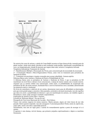 Na maioria dos casos de autismo, a pétala do Corpo Budhi encontra-se hiper desenvolvida, tomando parte da
pétala nuclear, ainda nesta pétala, percebe-se uma irradiação verde-azulada, significando a possibilidade de
cura a ser despertada pela vontade do paciente que impera sobre tudo, inclusive a terapêutica utilizada.
Terapêutica Indicada par Tratamento de Autistas
1º - Desdobramento Múltiplo e Dissociação dos Níveis, para conscientização da necessidade da encarnação.
2º - Cromoterapia Mental e Micro-Organizadores Florais, como visto no tratamento para portadores da
Síndrome de Down.
3º - Tratamento em psicologia e terapias avançadas para acessar adualidade - homem-espírito.
Diferença Básica entre Autismo e Síndrome de Down e Probabilidade de Cura
A diferança básica entre os portadores de Autismo e Síndrome de Down, é que os portadores de SD
manifestam em nível físico e demais níveis conscienciais, o desejo de manter contato com o mundo exterior,
enquanto que os autistas inibem essa comunicação, sendo assim, as probabilidades de recuperação dos
portadores da SD, são muito maiores, facultando-lhes o convívio harmonioso com a sociedade, demonstrando
seu potencial criativo e intelectual.
Os nívies de consciência e subníveis de um autista, demonstram maior grau de dificuldade na doutrinação,
pois que existe grande apego a conceitos e fatos passados, excluindo-se da atual encarnação, isso não significa
que deixe de existir a possibilidade de diminuir o grau de manifestação do autismo, um trabalho regado a
Persistência e Amor, pode conseguir resultados surpreendentes.
Explicações de Antonio Carlos sobre o Autismo
Extraído de: Deficiente Mental - Por que fui um?
Psicografia de Vera Lúcia Marinzeck de Carvalho - Petit Editora
Temos visto autistas reagirem de muitas maneiras. Muitos pensam, alguns até vêem lances de sua vida
passada. Outros querem responder, mas não conseguem. É uma doençacerebral. Porém, mente sã, espírito são,
corpo sadio, mente com toda a capacidade possível.
Normalmente, mas sem ser regra geral, o autista foi tremendamente egoísta a ponto de enxergar só a si
mesmo.
O egoísmo é uma doença, terrível doença, que primeiro prejudica espirituaalmente e depois se manifesta
fisicamente.
 