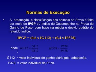 Normas de Execução A  ordenação  e classificação dos animais na Prova é feita por meio do  IPGP  ou Índice de Desempenho na Prova de Ganho de Peso, com base na média e desvio padrão do referido índice. IPGP = (0,6 x IG112) + (0,4 x IP378) onde:  G112  = valor individual do ganho diário pós- adaptação. P378  = valor individual de P378. 