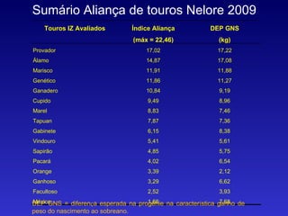 Sumário Aliança de touros Nelore 2009 DEP GNS = diferen ç a esperada na progênie na caracter í stica ganho de peso do nascimento ao sobreano. Touros IZ Avaliados Índice Aliança (máx = 22,46) DEP GNS (kg) Provador 17,02 17,22 Álamo 14,87 17,08 Marisco 11,91 11,88 Genético 11,86 11,27 Ganadero 10,84 9,19 Cupido 9,49 8,96 Marel 8,83 7,46 Tapuan 7,87 7,36 Gabinete 6,15 8,38 Vindouro 5,41 5,61 Sapirão 4,85 5,75 Pacará 4,02 6,54 Orange 3,39 2,12 Ganhoso 3,29 6,62 Facultoso 2,52 3,93 México 1,66 7,68 