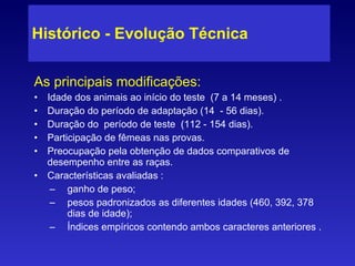 Histórico  - Evolução Técnica  As principais modificações: Idade dos animais ao início do teste  (7 a 14 meses) . Duração do período de adaptação (14  - 56 dias). Duração do  período de teste  (112 - 154 dias). Participação de fêmeas nas provas.  Preocupação pela obtenção de dados comparativos de desempenho entre as raças.  Características avaliadas :  ganho de peso; pesos padronizados as diferentes idades (460, 392, 378 dias de idade); Índices empíricos contendo ambos caracteres anteriores . 
