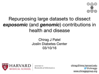 Repurposing large datasets to dissect
exposomic (and genomic) contributions in
health and disease
Chirag J Patel

Joslin Diabetes Center

03/10/16
chirag@hms.harvard.edu
@chiragjp
www.chiragjpgroup.org
 