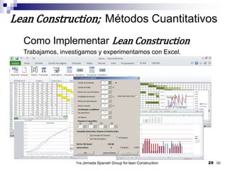 29Lean Construction;  Métodos CuantitativosComo Implementar Lean ConstructionTrabajamos, investigamos y experimentamos con Excel.1ra Jornada Spanish Group for lean Construction/30