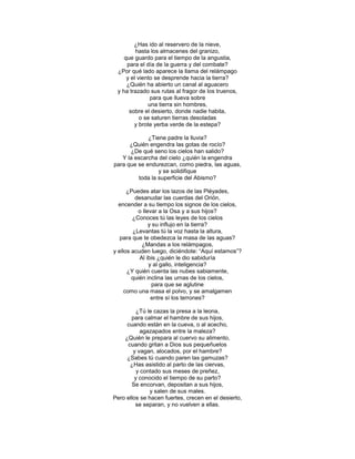 ¿Has ido al reservero de la nieve,
         hasta los almacenes del granizo,
    que guardo para el tiempo de la angustia,
     para el día de la guerra y del combate?
 ¿Por qué lado aparece la llama del relámpago
     y el viento se desprende hacia la tierra?
     ¿Quién ha abierto un canal al aguacero
 y ha trazado sus rutas al fragor de los truenos,
               para que llueva sobre
              una tierra sin hombres,
      sobre el desierto, donde nadie habita,
           o se saturen tierras desoladas
        y brote yerba verde de la estepa?

             ¿Tiene padre la lluvia?
      ¿Quién engendra las gotas de rocío?
      ¿De qué seno los cielos han salido?
   Y la escarcha del cielo ¿quién la engendra
para que se endurezcan, como piedra, las aguas,
                 y se solidifique
         toda la superficie del Abismo?

      ¿Puedes atar los lazos de las Pléyades,
         desanudar las cuerdas del Orión,
  encender a su tiempo los signos de los cielos,
          o llevar a la Osa y a sus hijos?
        ¿Conoces tú las leyes de los cielos
               y su influjo en la tierra?
        ¿Levantas tú la voz hasta la altura,
   para que te obedezca la masa de las aguas?
            ¿Mandas a los relámpagos,
y ellos acuden luego, diciéndote: ―Aquí estamos‖?
           Al ibis ¿quién le dio sabiduría
               y al gallo, inteligencia?
      ¿Y quién cuenta las nubes sabiamente,
        quién inclina las urnas de los cielos,
                para que se aglutine
     como una masa el polvo, y se amalgamen
                entre sí los terrones?

         ¿Tú le cazas la presa a la leona,
       para calmar el hambre de sus hijos,
     cuando están en la cueva, o al acecho,
           agazapados entre la maleza?
    ¿Quién le prepara al cuervo su alimento,
     cuando gritan a Dios sus pequeñuelos
        y vagan, alocados, por el hambre?
     ¿Sabes tú cuando paren las gamuzas?
      ¿Has asistido al parto de las ciervas,
         y contado sus meses de preñez,
        y conocido el tiempo de su parto?
       Se encorvan, depositan a sus hijos,
              y salen de sus males.
Pero ellos se hacen fuertes, crecen en el desierto,
         se separan, y no vuelven a ellas.
 