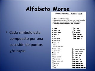 Alfabeto Morse Cada símbolo esta compuesto por una sucesión de puntos y/o rayas 