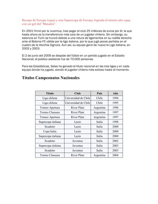 Recopa de Europa (1999) y una Supercopa de Europa, lograda el mismo año 1999,
con un gol del "Matador".

En 2001 firmó por la Juventus, tras pagar el club 25 millones de euros por él, la que
hasta ahora es la transferencia más cara de un jugador chileno. Sin embargo, su
estancia en Turín se truncó debido a una rotura de ligamentos en su rodilla derecha
ante el Bolonia FC válida por la liga italiana, por lo que jugó pocos partidos en el
cuadro de la Vecchia Signora. Aun así, su equipo ganó de nuevo la Liga italiana, en
2002 y 2003.

El 2 de junio del 2009 se despide del fútbol en un partido jugado en el Estadio
Nacional, el público asistente fue de 70.000 personas.

Para las Estadísticas, Salas ha ganado el título nacional en las tres ligas y en cada
equipo donde ha jugado, siendo el jugador chileno más exitoso hasta el momento.

Títulos Campeonatos Nacionales


                  Título                 Club              País        Año
                Liga chilena      Universidad de Chile     Chile       1994
                Liga chilena      Universidad de Chile     Chile       1995
              Torneo Apertura         River Plate        Argentina     1996
              Torneo Clausura         River Plate        Argentina     1997
              Torneo Apertura         River Plate        Argentina     1997
             Supercopa italiana          Lazio             Italia      1998
                 Scudetto                Lazio             Italia      2000
                Copa Italia              Lazio             Italia      2000
             Supercopa italiana          Lazio             Italia      2000
                 Scudetto              Juventus            Italia      2002
             Supercopa italiana        Juventus            Italia      2003
                 Scudetto              Juventus            Italia      2003
              Torneo Clausura         River Plate        Argentina     2004
 