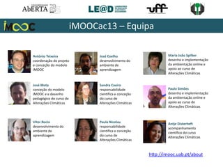 iMOOCac13 – Equipa
António Teixeira
coordenação do projeto
e conceção do modelo
iMOOC
José Mota
conceção do modelo
iMOOC e e desenho
pedagógico do curso de
Alterações Climáticas
Vitor Rocio
desenvolvimento do
ambiente de
aprendizagem
José Coelho
desenvolvimento do
ambiente de
aprendizagem
Sandra Caeiro
responsabilidade
científica e conceção
do curso de
Alterações Climáticas
Paula Nicolau
responsabilidade
científica e conceção
do curso de
Alterações Climáticas
Antje Disterheft
acompanhamento
científico do curso
Alterações Climáticas
Maria João Spilker
desenho e implementação
da ambientação online e
apoio ao curso de
Alterações Climáticas
Paulo Simões
desenho e implementação
da ambientação online e
apoio ao curso de
Alterações Climáticas
http://imooc.uab.pt/about
 