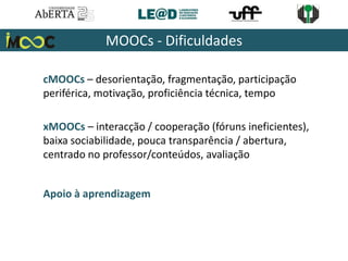 cMOOCs – desorientação, fragmentação, participação
periférica, motivação, proficiência técnica, tempo
xMOOCs – interacção / cooperação (fóruns ineficientes),
baixa sociabilidade, pouca transparência / abertura,
centrado no professor/conteúdos, avaliação
Apoio à aprendizagem
MOOCs - Dificuldades
 