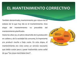 También denominado, mantenimiento por rotura fue el
esbozo de lo que hoy día es el mantenimiento. Esta
etapa del mantenimiento va precedida del
mantenimiento planificado.
Hasta los años 50, en pleno desarrollo de la producción
en cadena y de la sociedad de consumo, lo importante
era producir mucho a bajo coste. En esta etapa, el
mantenimiento era visto como un servicio necesario
que debía costar poco y pasar inadvertido como señal
de que "las cosas marchaban bien".
EL MANTENIMIENTO CORRECTIVO
 