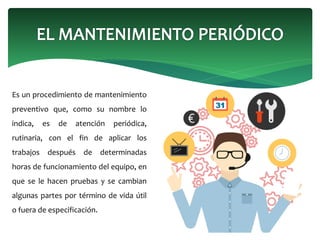 Es un procedimiento de mantenimiento
preventivo que, como su nombre lo
indica, es de atención periódica,
rutinaria, con el fin de aplicar los
trabajos después de determinadas
horas de funcionamiento del equipo, en
que se le hacen pruebas y se cambian
algunas partes por término de vida útil
o fuera de especificación.
 