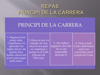 PRINCIPI DE LA CARRERA
1. Segons el seu
propi relat,
Capablanca va
aprendre les
regles del joc als
quatre anys
d'edat, observant
al seu pare jugar
amb amics.
2. Quan el nen va
complir els cinc
anys el seu pare
va començar a
portar-lo al Club
d'Escacs de
l'Havana.
3. Als millors
jugadors del club
els va ser
impossible
derrotar-li.
4. Venç a Juan
Corzo amb tretze
anys i es
converteix en el
campió de Cuba.
 