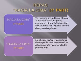 • Va cursar la secundària a l'Escola
Woodycliff de Nova Jersey
aspirant a entrar a la Universitat
de Columbia per seguir la carrera
d'enginyeria química.
“HACIA LA CIMA”
1ª PART
• No obstant això, permanentment
distret per la seva passió en el joc
ciència, només va cursar els dos
primers anys.
“HACIA LA CIMA”
1ª PART
 
