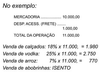 No exemplo:
Venda de calçados: 18% x 11.000, = 1.980
Venda de vodka: 25% x 11.000, = 2.750
Venda de arroz: 7% x 11.000, = 770
Venda de abobrinhas: ISENTO
MERCADORIA ................... 10.000,00
DESP. ACESS. (FRETE) ........
1.000,00
TOTAL DA OPERAÇÃO 11.000,00
 