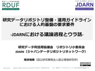 研究データ利活用協議会 リポジトリ小委員会
JDARN（ジャパンデータリポジトリネットワーク）
尾鷲瑞穂（国立研究開発法人国立環境研究所）
研究データリポジトリ整備・運用ガイドライン
における人的基盤の要求要件
-JDARNにおける議論過程とウラ話-
Japan Open Science Summit 2019（JOSS2019） C3：研究データマネジメント人材の育成を展望する2019/5/28
 