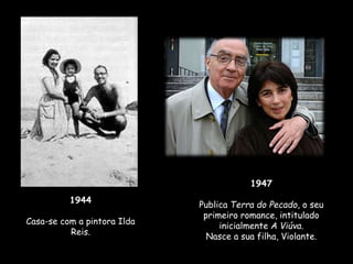 1944
Casa-se com a pintora Ilda
Reis.
1947
Publica Terra do Pecado, o seu
primeiro romance, intitulado
inicialmente A Viúva.
Nasce a sua filha, Violante.
 