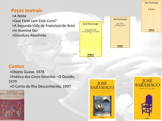 Peças teatrais
  >A Noite
  >Que Farei com Este Livro?
  >A Segunda Vida de Francisco de Assis
  >In Nomine Dei
  >Dissoluto Absolvido




Contos
>Objeto Quase, 1978
>Poética dos Cinco Sentidos - O Ouvido,
1979
>O Conto da Ilha Desconhecida, 1997
 
