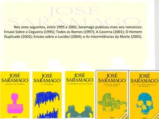 Nos anos seguintes, entre 1995 e 2005, Saramago publicou mais seis romances:
Ensaio Sobre a Cegueira (1995); Todos os Nomes (1997); A Caverna (2001); O Homem
Duplicado (2002); Ensaio sobre a Lucidez (2004); e As Intermitências da Morte (2005).
 