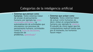 Categorías de la inteligencia artificial
 Sistemas que piensan como
humanos.- Estos sistemas tratan
de emular el pensamiento
humano; por ejemplo las redes
neuronales artificiales. La
automatización de actividades que
vinculamos con procesos de
pensamiento humano, actividades
como la Toma de decisiones,
resolución de
problemas, aprendizaje.6
 Sistemas que actúan como
humanos.- Estos sistemas tratan
de actuar como humanos; es
decir, imitan el comportamiento
humano; por ejemplo la robótica.
El estudio de cómo lograr que los
computadores realicen tareas que,
por el momento, los humanos
hacen mejor.7
 