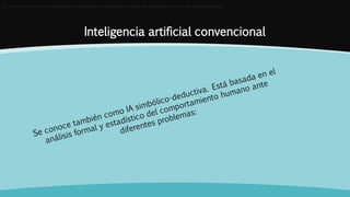 Inteligencia artificial convencional
Se conoce también como IA simbólico-deductiva. Está basada en el análisis formal y estadístico del comportamiento humano ante diferentes problemas:Se conoce también como IA simbólico-deductiva. Está basada en el análisis formal y estadístico del comportamiento humano ante diferentes problemas:
 