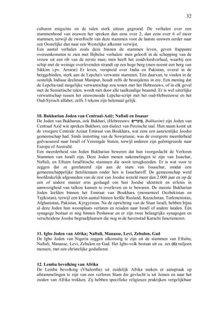 32
culturen enigszins en de talen sterk uiteen gegroeid. De verhalen over een
stammenbond van eeuwen her spreken dan eens over 2, dan eens over 6 of meer
stammen, terwijl de zwerftocht van deze stammen voor de laatste eeuwen eerder naar
een Oostelijke dan naar een Westelijke afkomst verwijst.
Een aantal verhalen zoals deze binnen de stammen leven, geven frappante
overeenkomsten te zien met Bijbelse verhalen: men gelooft in de schepping van de
vrouw uit een rib van de eerste man; men heeft het zondvloedverhaal, waarbij een
schip met de weinige overlevenden strandt op een hoge berg (men noemt een berg van
Sikkim i.pv. Arrarat) Er leven, verspreid over India en Pakistan, overal in de
berggebieden, sterk aan de Lepcha's verwante stammen. Eén daarvan, te vinden in de
oostelijk Indiase deelstaat Manipur, houdt zelfs de besnijdenis in ere. Een mening dat
de Lepcha-taal mogelijke verwantschap zou tonen met het Hebreeuws, of in elk geval
met de Semietische talen, wordt niet door alle taalkundige beaamd. Er is wel uiterlijke
verwantschap tussen het eeuwenoude Lepcha-script met het oud-Hebreeuwse en het
Oud-Syrisch alfabet; zelfs 3 tekens zijn helemaal gelijk.
10. Bukharian Joden van Centraal-Azië; Naftali en Issasar
De Joden van Bukharan, ook Bukhari, (Hebreeuws: ‫בוכרים‬, Bukharim) zijn Joden van
Centraal Azië wie spreken Bukhori, een dialect van Perzische taal. Hun naam komt uit
de vroegere Centrale Aziaat Emiraat van Boukhara, wat eens een aanzienlijke Joodse
gemeenschap had. Sinds instorting van de Sowjetunie, was de overgrote meerderheid
geëvacueerd naar Israël of Verenigde Staten, terwijl anderen zijn geëmigreerde naar
Europa of Australië.
Een meerderheid van Joden Bukharian beweren dat hun voorgeslacht de Verloren
Stammen van Israël zijn. Deze Joden menen nakomelingen te zijn van Issachar,
Naftali, en Efraim Israëlitische stammen die nooit terugkeerden. Er is wat voor te
zeggen dat ze gerelateerd zijn aan de stam van Issaschar, omdat een
gemeenschappelijke familienaam onder hen is Issacharoff. De gemeenschap werd
hoofdzakelijk afgesneden van de rest van Joodse wereld meer dan 2.000 jaar en op de
een of andere manier erin geslaagd om hun Joodse identiteit en erfenis in
aanwezigheid van talloze kansen te overleven en te bewaren. De meeste Bukharian
Joden leefden binnen het Emiraat van Boukhara (momenteel Oezbekistan en
Tajikistan), terwijl een klein aantal binnen leefde Rusland, Kazachstan, Turkmenistan,
Afghanistan, Pakistan, Kyrgyzstan. Na de oprichting van de Staat Israël, hebben bijna
al deze Joden hun woonplaats verlaten en reisden naar Israël of andere landen. Één
synagoge bestaat er nog binnen Peshawar en er zijn twee belangrijke synagogen en
verscheidene Joodse begraafplaatsen die nog in de havenstad Karachi functioneren.
11. Igbo Joden van Afrika; Naftali, Manasse, Levi, Zebulon, Gad
De Igbo Joden van Nigeria zeggen afkomstig te zijn uit de stammen van Efraïm,
Naftali, Manasse, Levi, Zebulon en Gad. Het Igbo-volk bestaat uit ca. zes (6) miljoen
mensen, met een christelijke godsdienst.
12. Lemba bevolking van Afrika
De Lemba bevolking (Vhalemba) uit zuidelijk Afrika maken er aanspraak op
afstammelingen te zijn van een verloren Stam die gevlucht is uit Jemen en naar het
zuiden van Afrika trokken. Zij hebben specifieke religieuze praktijken vergelijkbaar
 