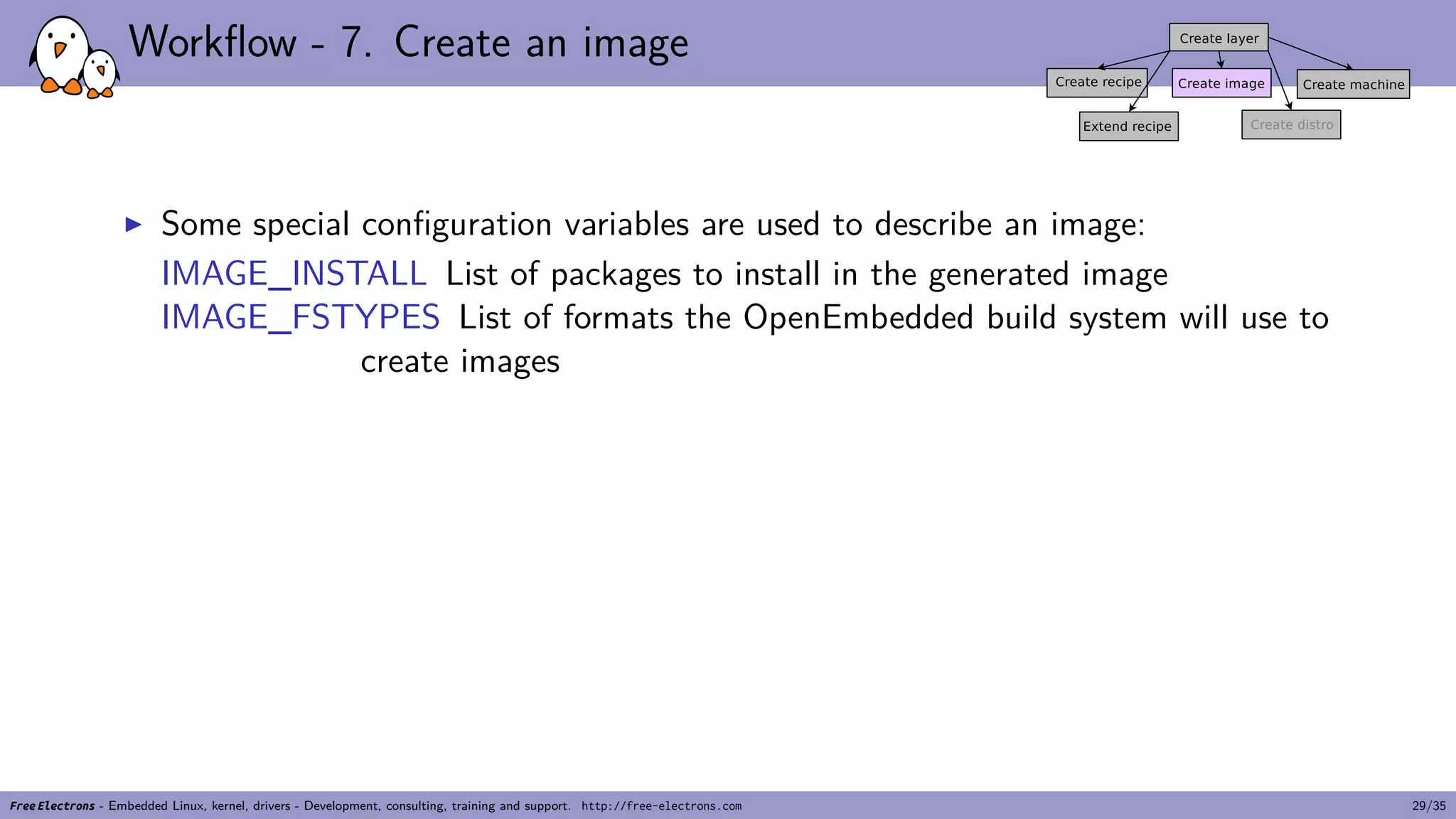Workflow - 7. Create an image
▶ Some special configuration variables are used to describe an image:
IMAGE_INSTALL List of packages to install in the generated image
IMAGE_FSTYPES List of formats the OpenEmbedded build system will use to
create images
Free Electrons - Embedded Linux, kernel, drivers - Development, consulting, training and support. http://free-electrons.com 29/35
 