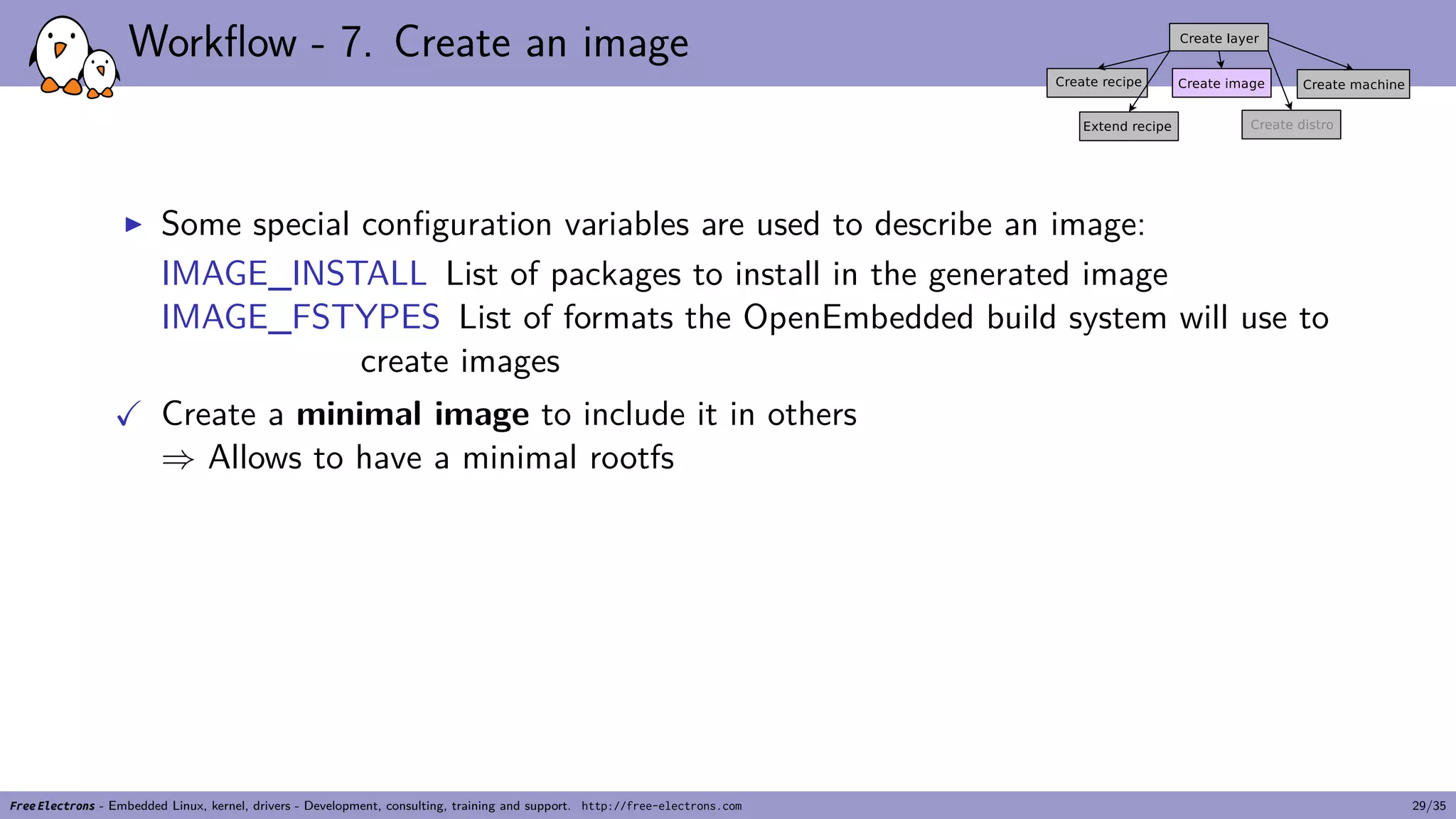 Workflow - 7. Create an image
▶ Some special configuration variables are used to describe an image:
IMAGE_INSTALL List of packages to install in the generated image
IMAGE_FSTYPES List of formats the OpenEmbedded build system will use to
create images
✓ Create a minimal image to include it in others
⇒ Allows to have a minimal rootfs
Free Electrons - Embedded Linux, kernel, drivers - Development, consulting, training and support. http://free-electrons.com 29/35
 