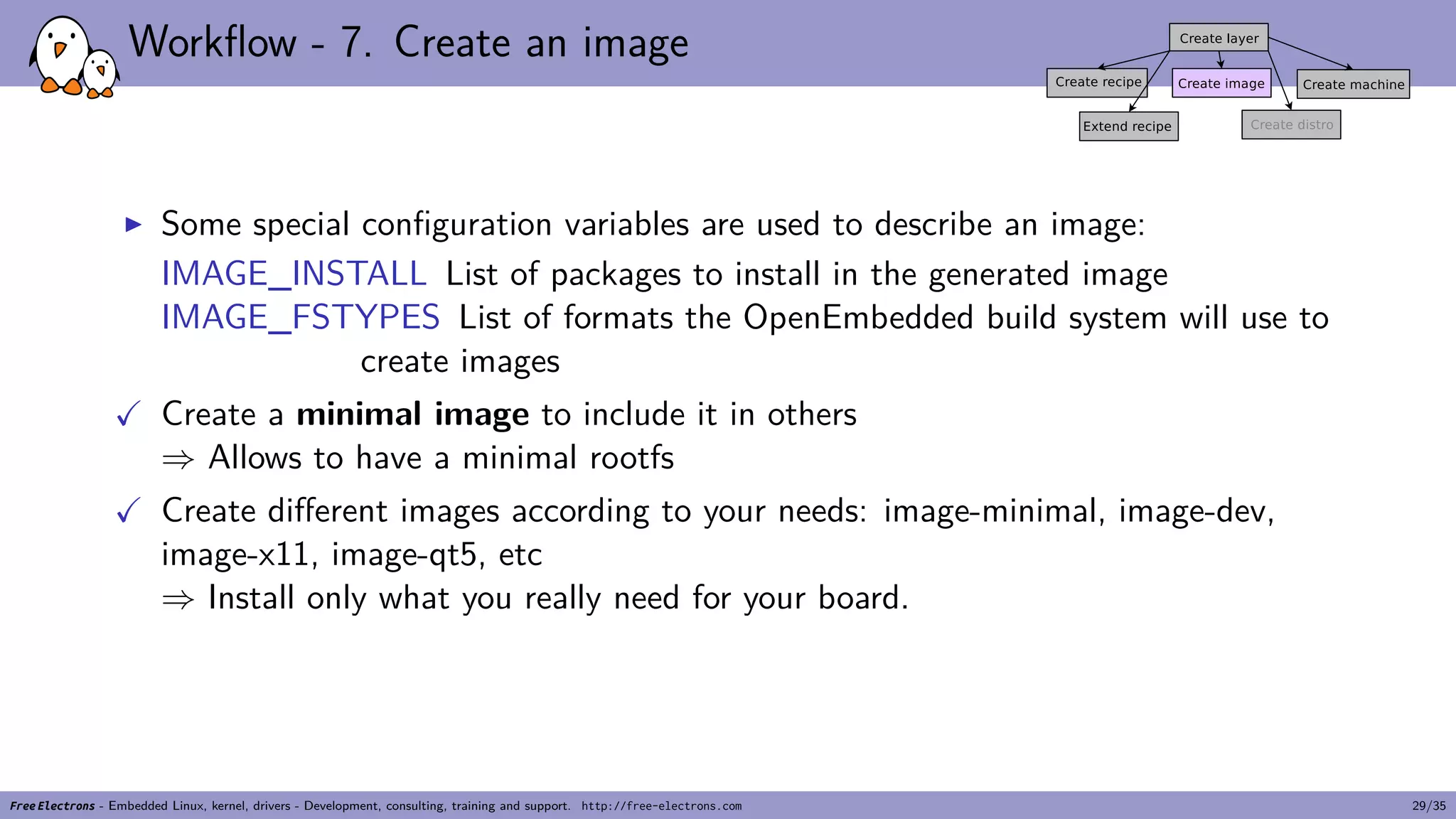 Workflow - 7. Create an image
▶ Some special configuration variables are used to describe an image:
IMAGE_INSTALL List of packages to install in the generated image
IMAGE_FSTYPES List of formats the OpenEmbedded build system will use to
create images
✓ Create a minimal image to include it in others
⇒ Allows to have a minimal rootfs
✓ Create different images according to your needs: image-minimal, image-dev,
image-x11, image-qt5, etc
⇒ Install only what you really need for your board.
Free Electrons - Embedded Linux, kernel, drivers - Development, consulting, training and support. http://free-electrons.com 29/35
 
