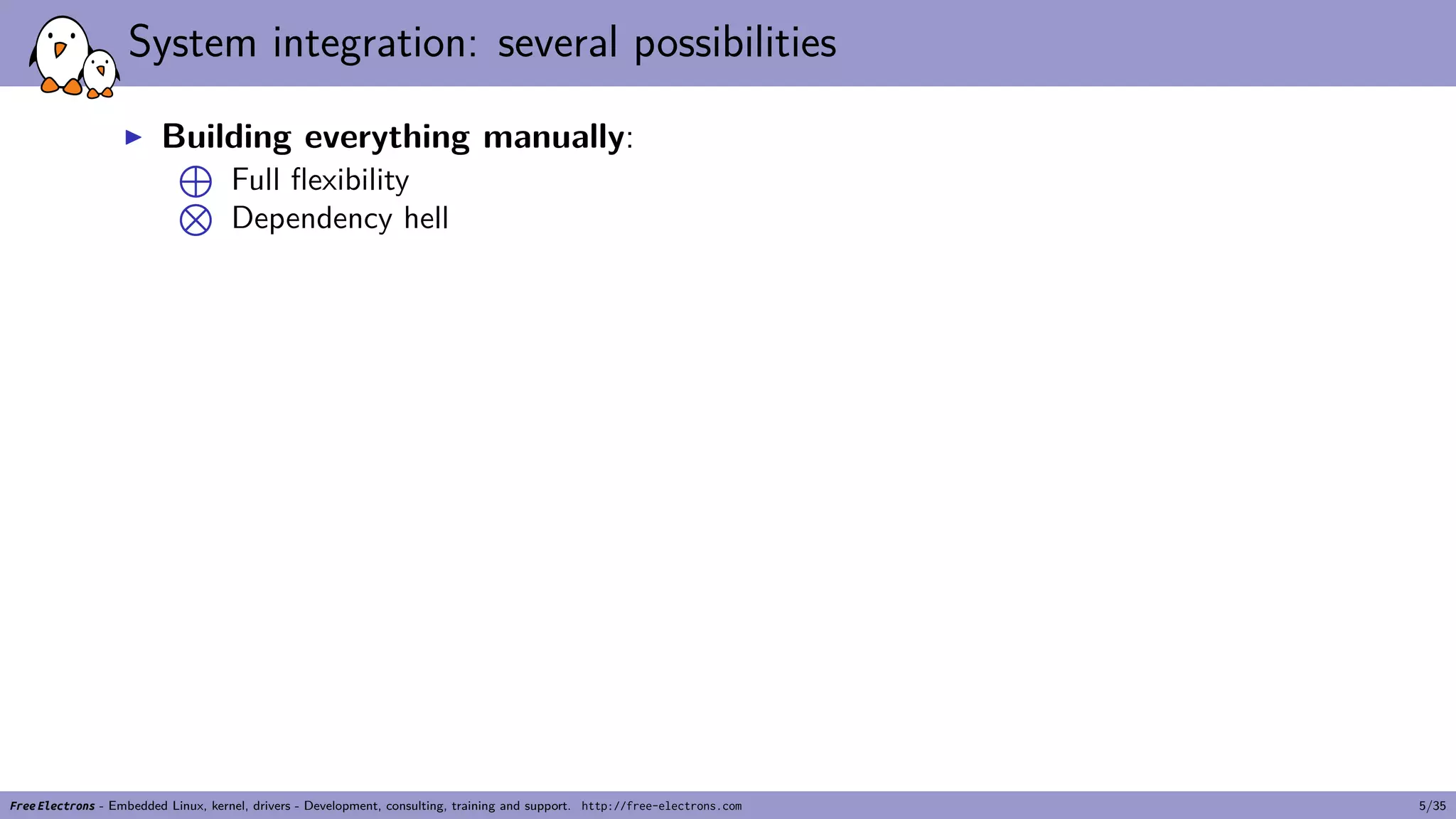 System integration: several possibilities
▶ Building everything manually:
⊕
Full flexibility⊗
Dependency hell
Free Electrons - Embedded Linux, kernel, drivers - Development, consulting, training and support. http://free-electrons.com 5/35
 