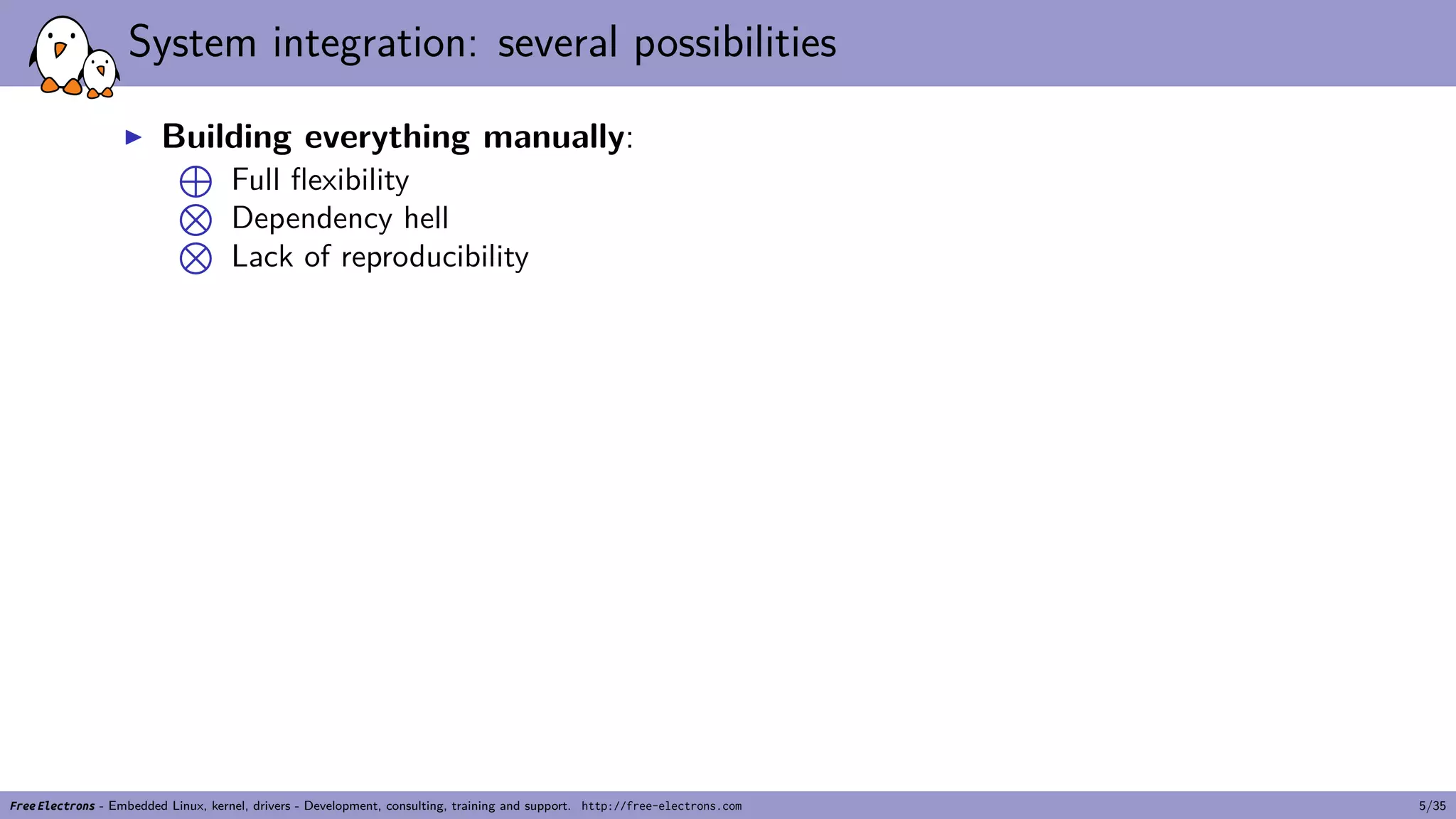 System integration: several possibilities
▶ Building everything manually:
⊕
Full flexibility⊗
Dependency hell⊗
Lack of reproducibility
Free Electrons - Embedded Linux, kernel, drivers - Development, consulting, training and support. http://free-electrons.com 5/35
 