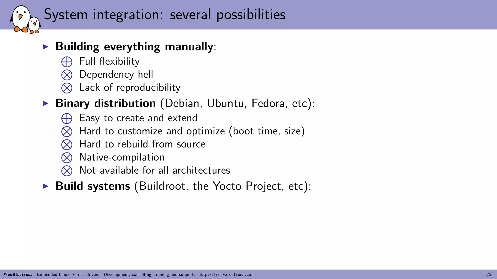 System integration: several possibilities
▶ Building everything manually:
⊕
Full flexibility⊗
Dependency hell⊗
Lack of reproducibility
▶ Binary distribution (Debian, Ubuntu, Fedora, etc):
⊕
Easy to create and extend⊗
Hard to customize and optimize (boot time, size)⊗
Hard to rebuild from source⊗
Native-compilation⊗
Not available for all architectures
▶ Build systems (Buildroot, the Yocto Project, etc):
Free Electrons - Embedded Linux, kernel, drivers - Development, consulting, training and support. http://free-electrons.com 5/35
 