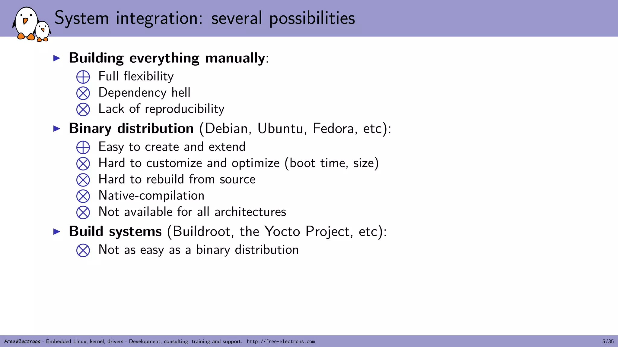 System integration: several possibilities
▶ Building everything manually:
⊕
Full flexibility⊗
Dependency hell⊗
Lack of reproducibility
▶ Binary distribution (Debian, Ubuntu, Fedora, etc):
⊕
Easy to create and extend⊗
Hard to customize and optimize (boot time, size)⊗
Hard to rebuild from source⊗
Native-compilation⊗
Not available for all architectures
▶ Build systems (Buildroot, the Yocto Project, etc):
⊗
Not as easy as a binary distribution
Free Electrons - Embedded Linux, kernel, drivers - Development, consulting, training and support. http://free-electrons.com 5/35
 