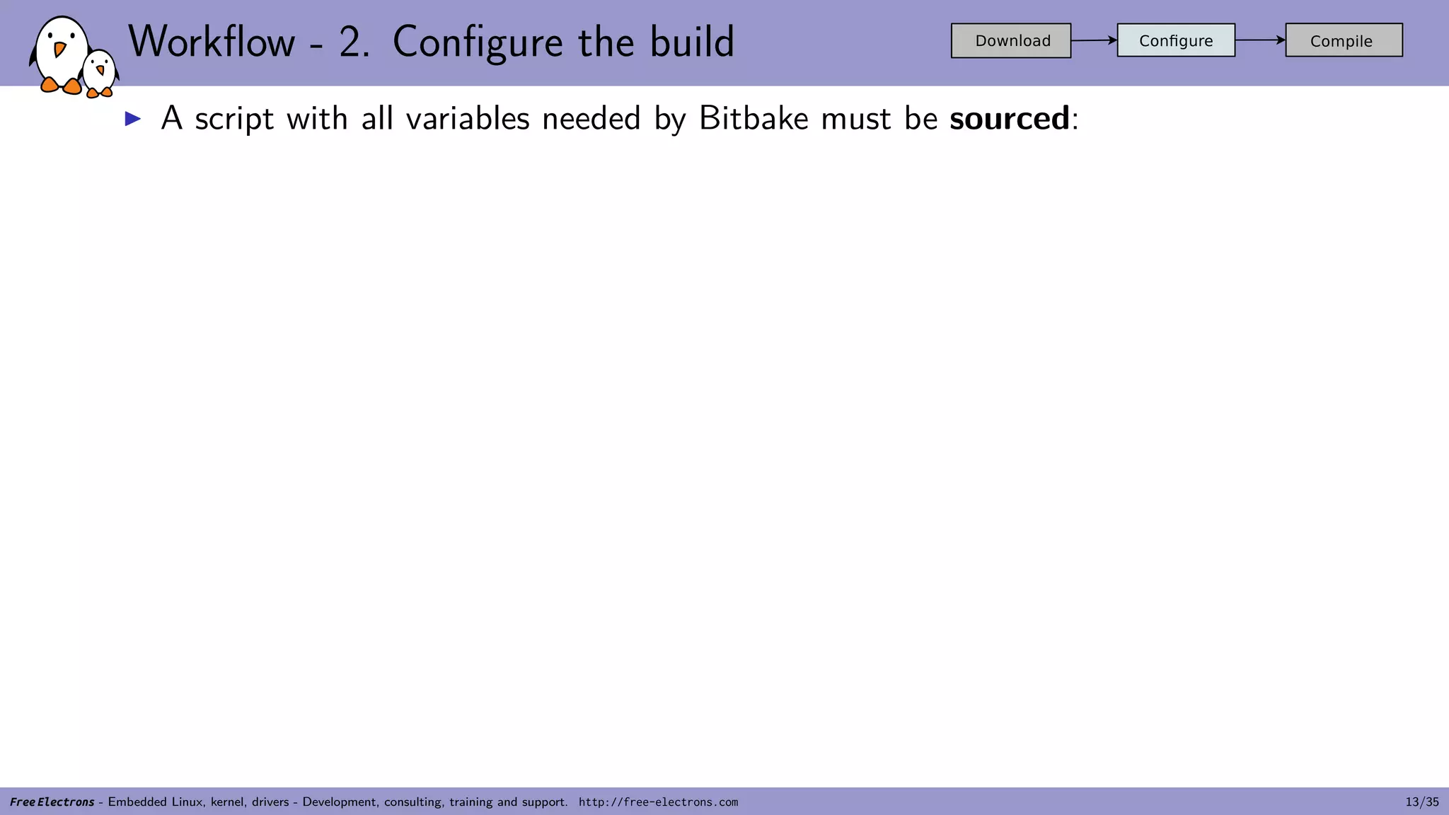 Workflow - 2. Configure the build
▶ A script with all variables needed by Bitbake must be sourced:
Free Electrons - Embedded Linux, kernel, drivers - Development, consulting, training and support. http://free-electrons.com 13/35
 