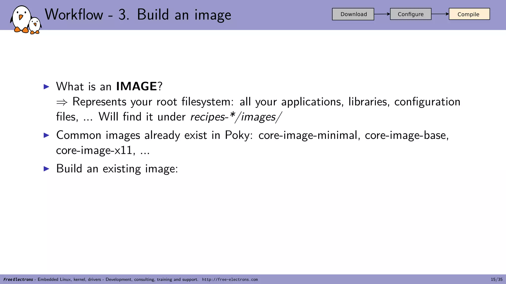 Workflow - 3. Build an image
▶ What is an IMAGE?
⇒ Represents your root filesystem: all your applications, libraries, configuration
files, ... Will find it under recipes-*/images/
▶ Common images already exist in Poky: core-image-minimal, core-image-base,
core-image-x11, ...
▶ Build an existing image:
Free Electrons - Embedded Linux, kernel, drivers - Development, consulting, training and support. http://free-electrons.com 15/35
 