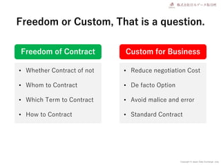 Copyright © Japan Data Exchange .corp
Freedom or Custom, That is a question.
• Whether Contract of not
• Whom to Contract
• Which Term to Contract
• How to Contract
• Reduce negotiation Cost
• De facto Option
• Avoid malice and error
• Standard Contract
Freedom of Contract Custom for Business
 