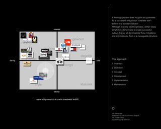 The approach
1 Inventory
2 Definition
3 Concept
4 Development
5 Implementation
6 Maintenance
A thorough process does not give any guarantee
for a successful end product. I therefor dont
believe in a standard solution .
Although; in every creative process, certain steps
simply have to be made to create successful
output. It is our job to recognize those milestones
and to incorporate them in a manageable structure.
casual stijlgroepen in de markt straatbeeld N=600
klassiek
degelijk
gewoon
trendy
populair
SPORT
style
modern
verzorgd
daring
relaxed
steady
safe
Jos Steenbrugge
Staatsbaan 76, 2360, Oud-Turnhout, Belgium
Tel: +32 492 615212
jos.steenbrugge @ telenet.be
 