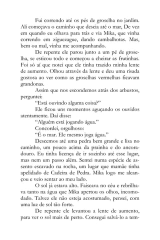 Fui correndo até os pés de groselha no jardim.
Ali começava o caminho que descia até o mar, De vez
em quando eu olhava para trás e via Mika, que vinha
correndo em ziguezague, dando cambalhotas. Mas,
bem ou mal, vinha me acompanhando.
De repente ele parou junto a um pé de grose-
lha, se esticou todo e começou a cheirar as frutinhas.
Foi só aí que notei que ele tinha trazido minha lente
de aumento. Olhou através da lente e deu uma risada
gostosa ao ver como as groselhas vermelhas ficavam
grandonas.
Assim que nos escondemos atrás dos arbustos,
perguntei:
“Está ouvindo alguma coisa?”
Ele ficou uns momentos aguçando os ouvidos
atentamente. Daí disse:
“Alguém está jogando água.”
Concordei, orgulhoso:
“É o mar. Ele mesmo joga água.”
Descemos até uma pedra bem grande e lisa no
caminho, um pouco acima da prainha e do ancora-
douro. Eu tinha licença de ir sozinho até esse lugar,
mas nem um passo além. Sentei numa espécie de as-
sento escavado na rocha, um lugar que mamãe tinha
apelidado de Cadeira de Pedra. Mika logo me alcan-
çou e veio sentar ao meu lado.
O sol já estava alto. Faiscava no céu e rebrilha-
va tanto na água que Mika apertou os olhos, incomo-
dado. Talvez ele não esteja acostumado, pensei, com
uma luz de sol tão forte.
De repente ele levantou a lente de aumento,
para ver o sol mais de perto. Consegui salvá-lo a tem-
 