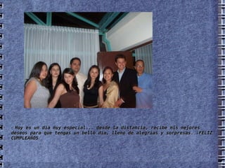 *  Hoy es un día muy especial... desde la distancia, recibe mis mejores deseos para que tengas un bello día, lleno de alegrías y sorpresas. ¡FELIZ CUMPLEAÑOS ! 