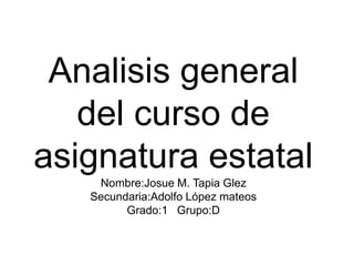 Analisis general
del curso de
asignatura estatal
Nombre:Josue M. Tapia Glez
Secundaria:Adolfo López mateos
Grado:1 Grupo:D
 