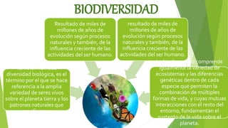 BIODIVERSIDAD
También llamada
diversidad biológica, es el
término por el que se hace
referencia a la amplia
variedad de seres vivos
sobre el planeta tierra y los
patrones naturales que
conforma,
Resultado de miles de
millones de años de
evolución según procesos
naturales y también, de la
influencia creciente de las
actividades del ser humano.
resultado de miles de
millones de años de
evolución según procesos
naturales y también, de la
influencia creciente de las
actividades del ser humano.
La biodiversidad comprende
igualmente la variedad de
ecosistemas y las diferencias
genéticas dentro de cada
especie que permiten la
combinación de múltiples
formas de vida, y cuyas mutuas
interacciones con el resto del
entorno, fundamentan el
sustento de la vida sobre el
planeta.
 