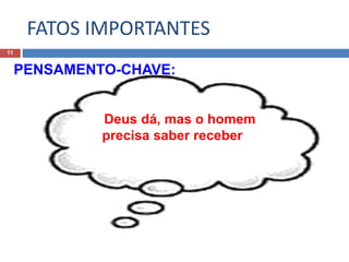 FATOS IMPORTANTES
11
PENSAMENTO-CHAVE:
Deus dá, mas o homem
precisa saber receber
 