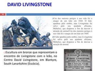 DAVID LIVINGSTONE
14
Um dos maiores perigos à sua vida foi o
ataque de um leão em 1844. O leão
apanhou pelo ombro, mas Livingstone foi
salvo pelo seu ajudante africano,
Mebalwe, que disparou a fim de desviar a
atenção do animal.Um dos maiores perigos à
sua vida foi o ataque de um leão em 1844.
O leão apanhou pelo ombro, mas Livingstone
foi salvo pelo seu ajudante africano,
Mebalwe, que disparou a fim de desviar a
atenção do animal.
Escultura em bronze que representam o
encontro de Livingstone com o leão, no
Centro David Livingstone, em Blantyre,
South Lanarkshire (Escócia).
 
