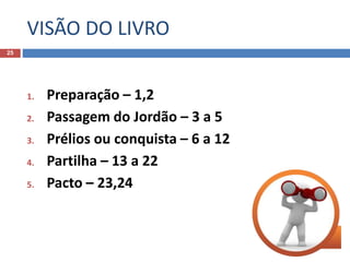 VISÃO DO LIVRO
25
1. Preparação – 1,2
2. Passagem do Jordão – 3 a 5
3. Prélios ou conquista – 6 a 12
4. Partilha – 13 a 22
5. Pacto – 23,24
 