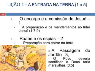 LIÇÃO 1 - A ENTRADA NA TERRA (1 a 5)
26
1. O encargo e a comissão de Josué –
1
• A preparação e os mandamentos ao líder
Josué (1:7-9)
2. Raabe e os espias – 2
• Preparação para entrar na terra
3. A Passagem do
Jordão– 3,
• O Povo deveria
santificar e Deus faria
maravilhas (3:5)
 