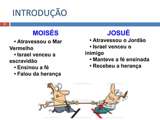 INTRODUÇÃO
8
MOISÉS
• Atravessou o Mar
Vermelho
• Israel venceu a
escravidão
• Ensinou a fé
• Falou da herança
JOSUÉ
• Atravessou o Jordão
• Israel venceu o
inimigo
• Manteve a fé ensinada
• Recebeu a herança
 